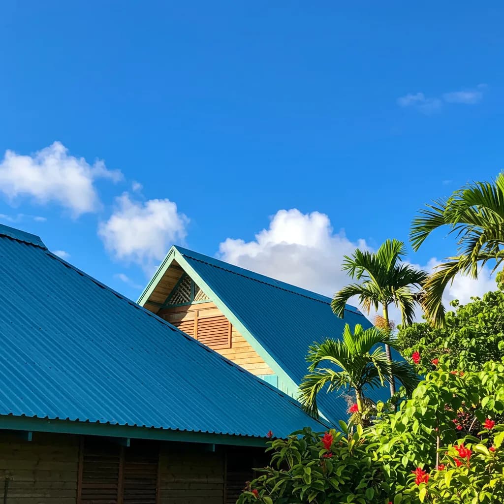 Toiture de luxe réalisée par Les Compagnons Polynésiens à Tahiti, avec l'océan en arrière-plan