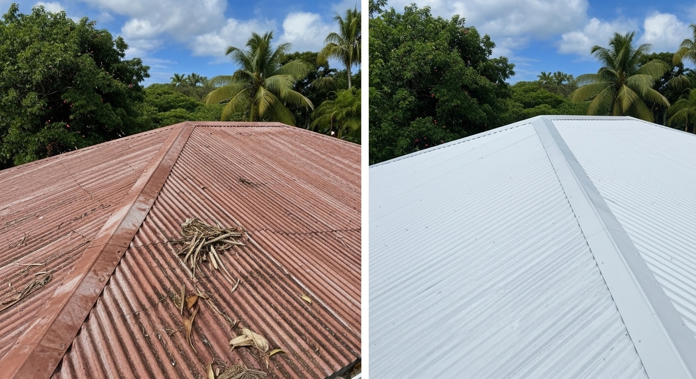 Cool roofing avant après - peinture réfléchissante sur toiture métallique